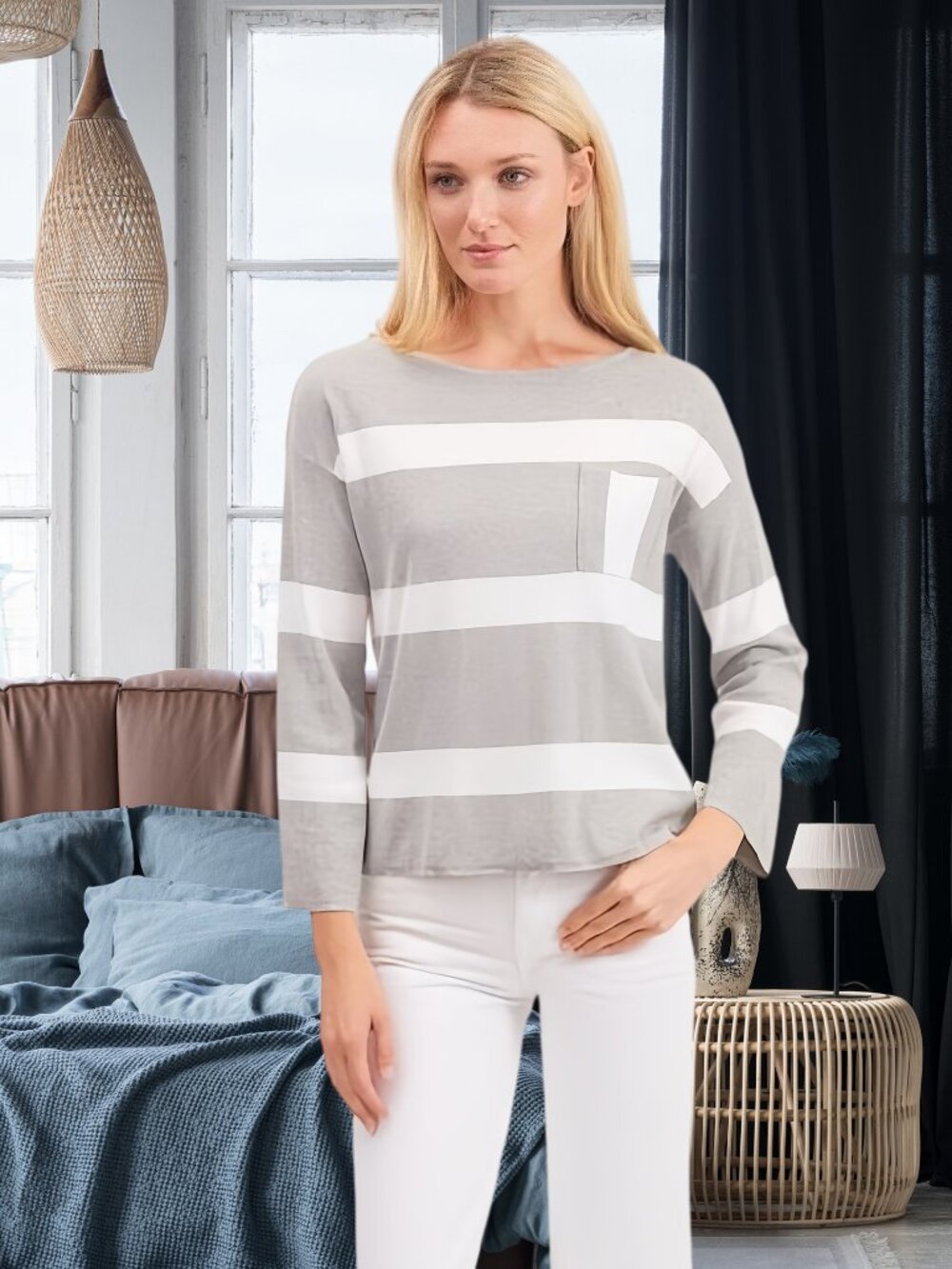 Soft Pima Cotton Boxy Block Striped Boatneck Knit Top with Chest Pocket